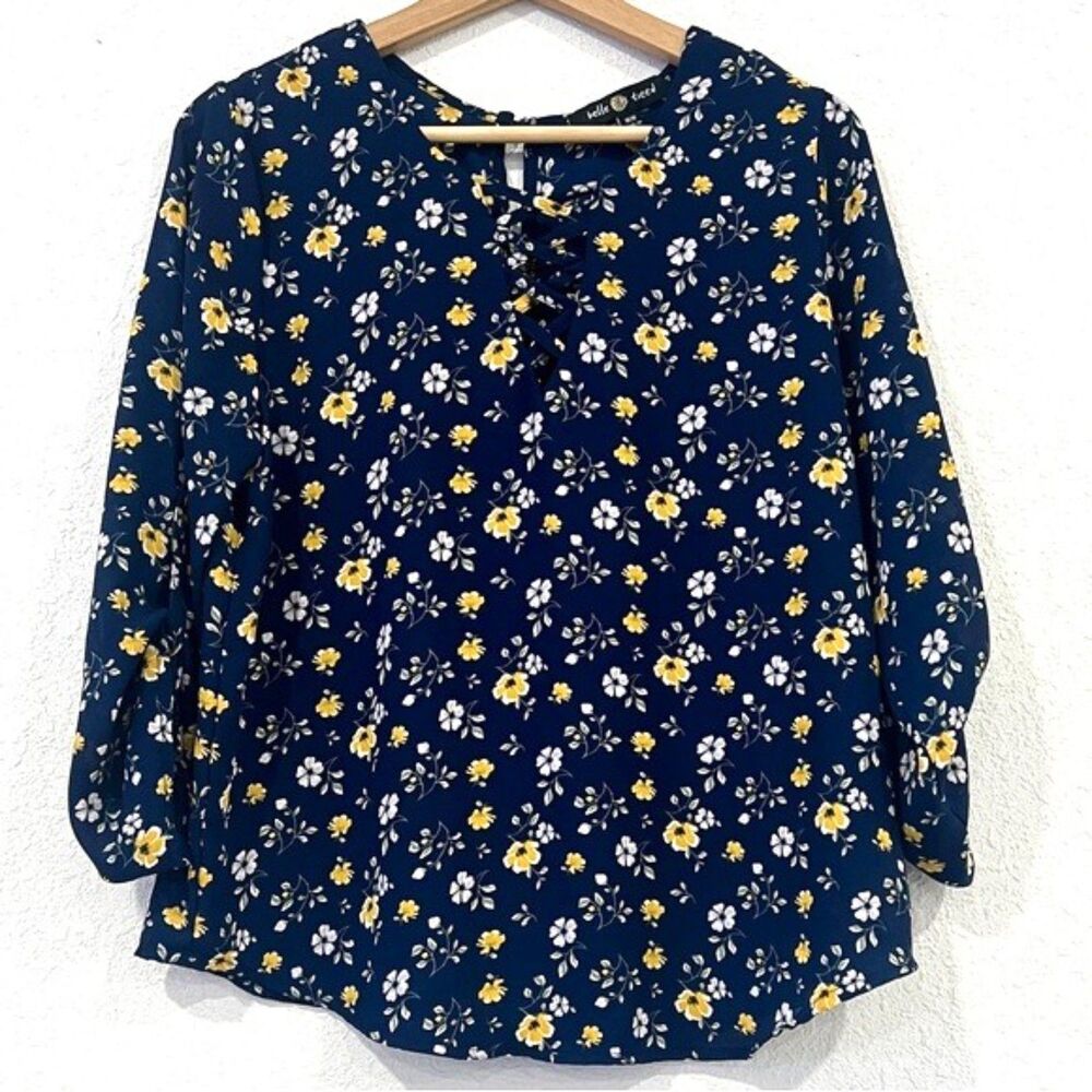 Belle Tweed Blue & Yellow Floral Lightweight Long Sleeve Blouse Size Medium